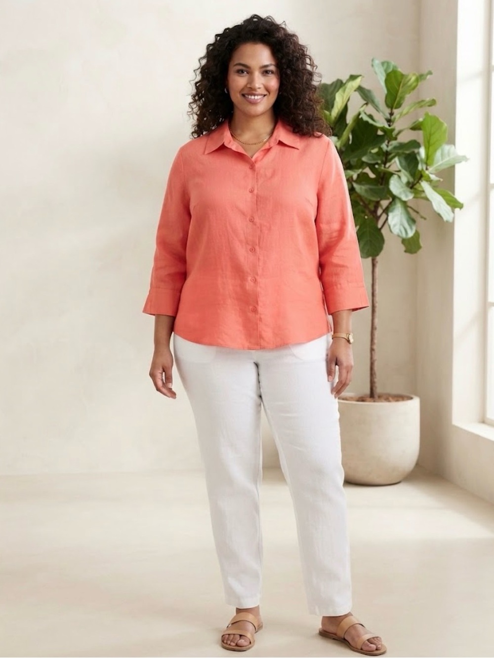 Westbound Women’s Plus 1X Orange Solid Collared 3/4 Sleeve 100% Linen Button-Up